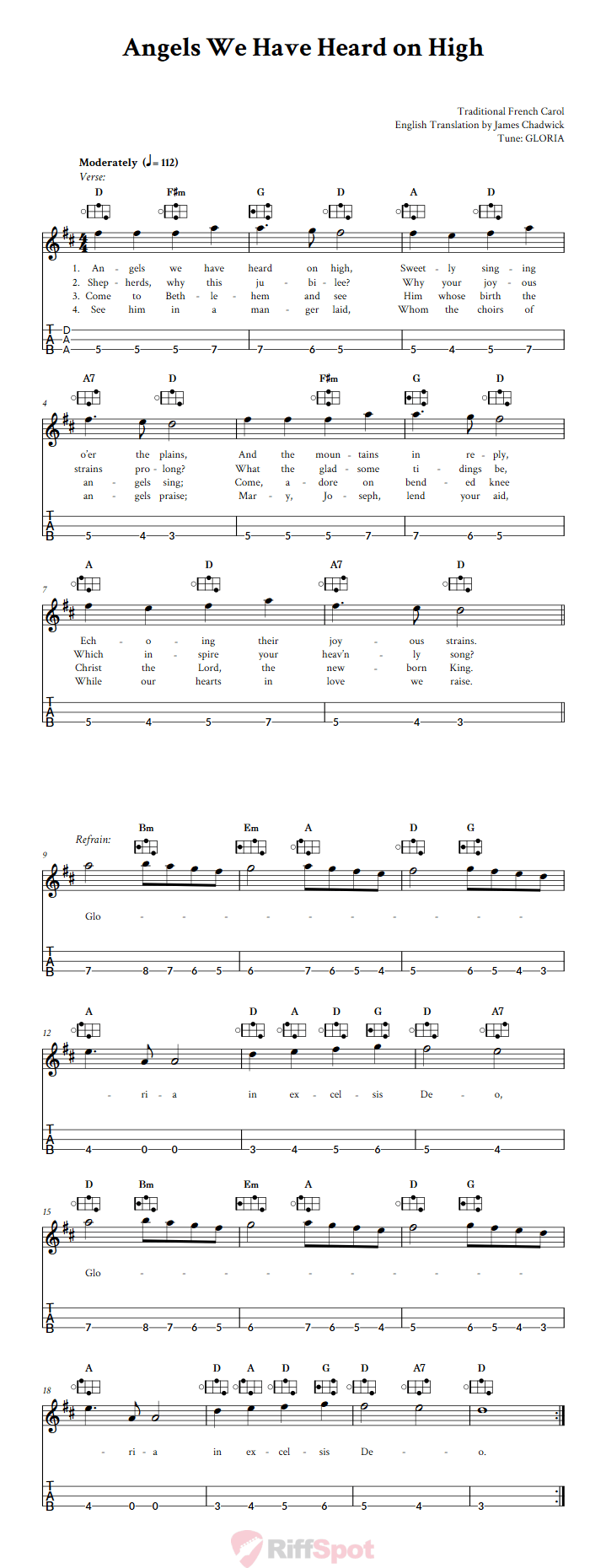Angels We Have Heard on High Easy Mountain Dulcimer Tab (DAA Tuning)
