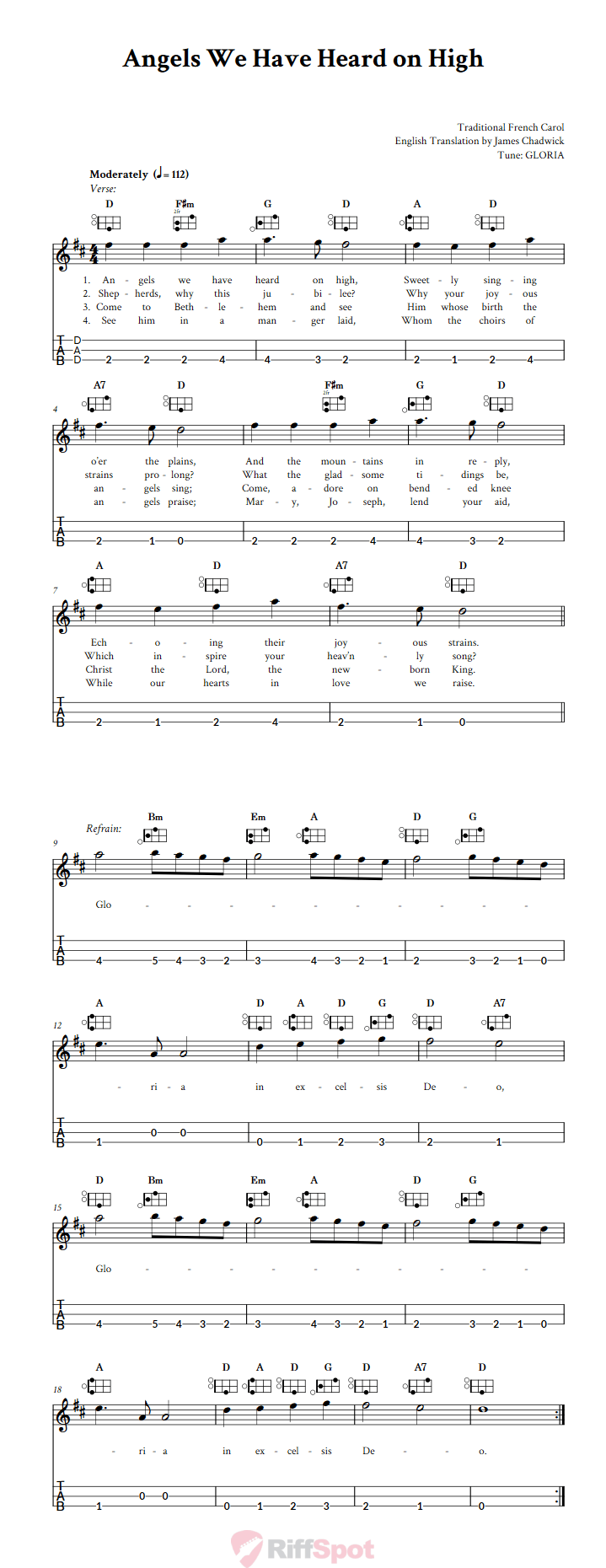 Angels We Have Heard on High Easy Mountain Dulcimer Tab (DAD Tuning)
