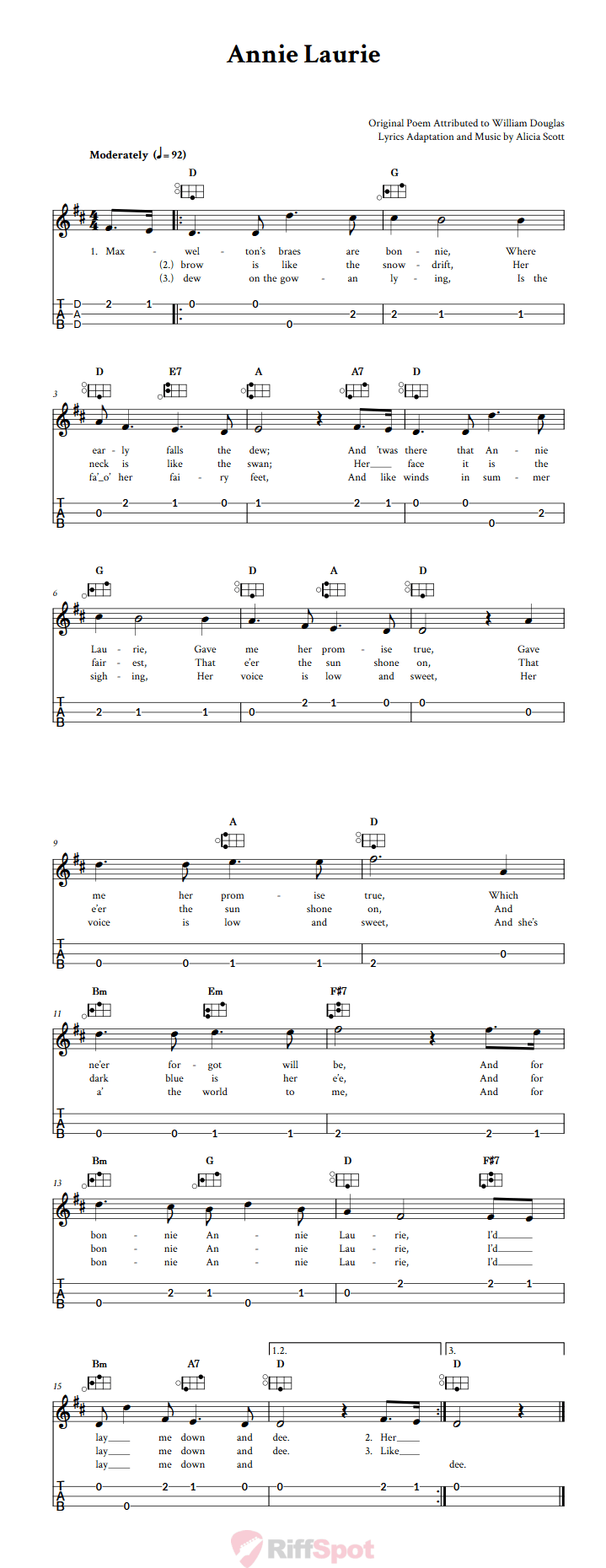 Annie Laurie Easy Mountain Dulcimer Tab (DAD Tuning)