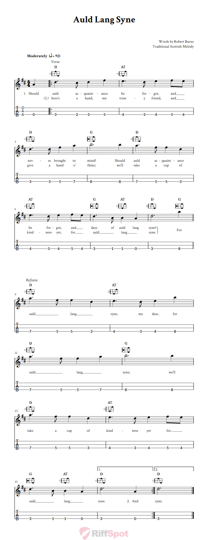 Auld Lang Syne Easy Mountain Dulcimer Tab (DAA Tuning)
