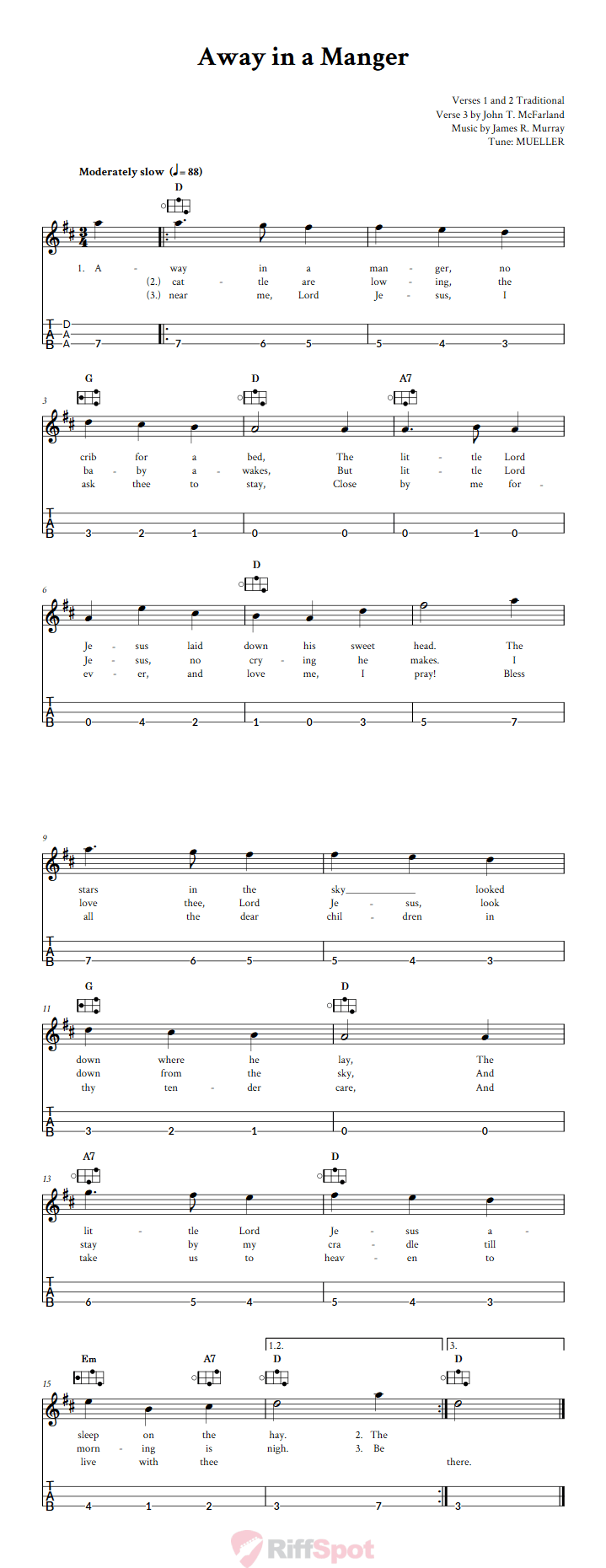 Away in a Manger Easy Mountain Dulcimer Tab (DAA Tuning)