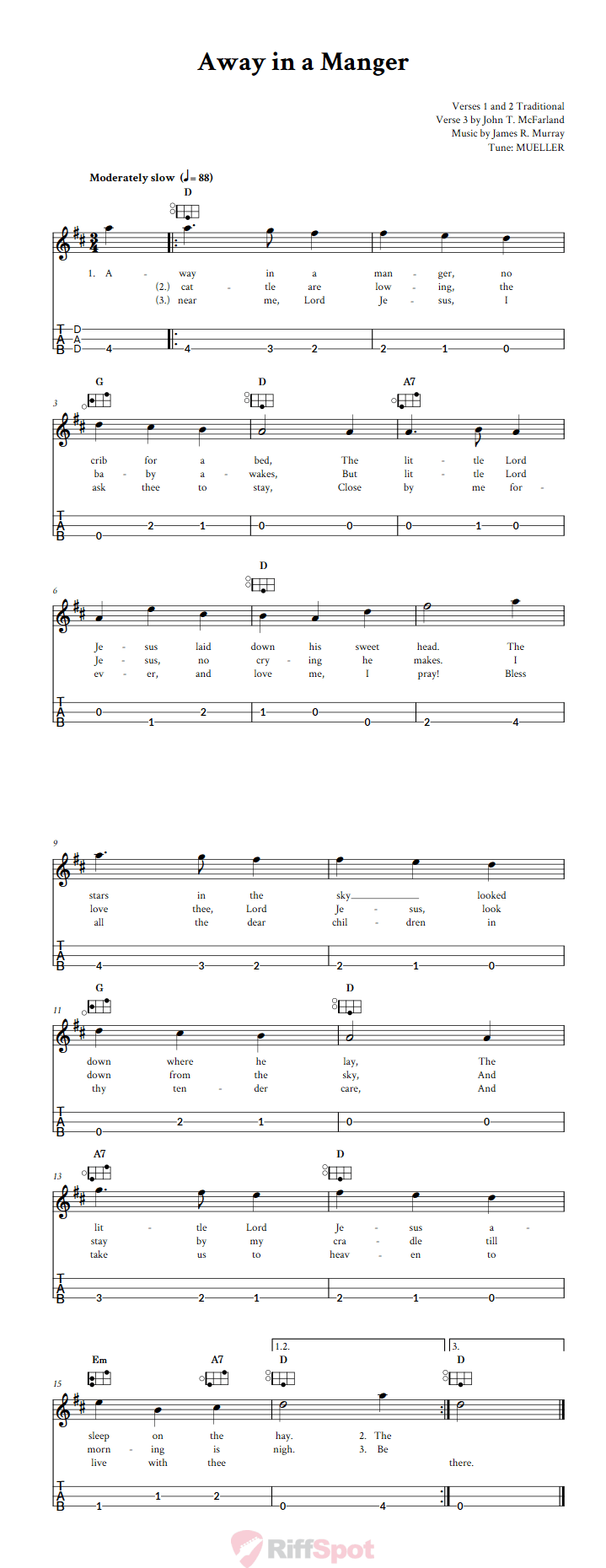 Away in a Manger Easy Mountain Dulcimer Tab (DAD Tuning)