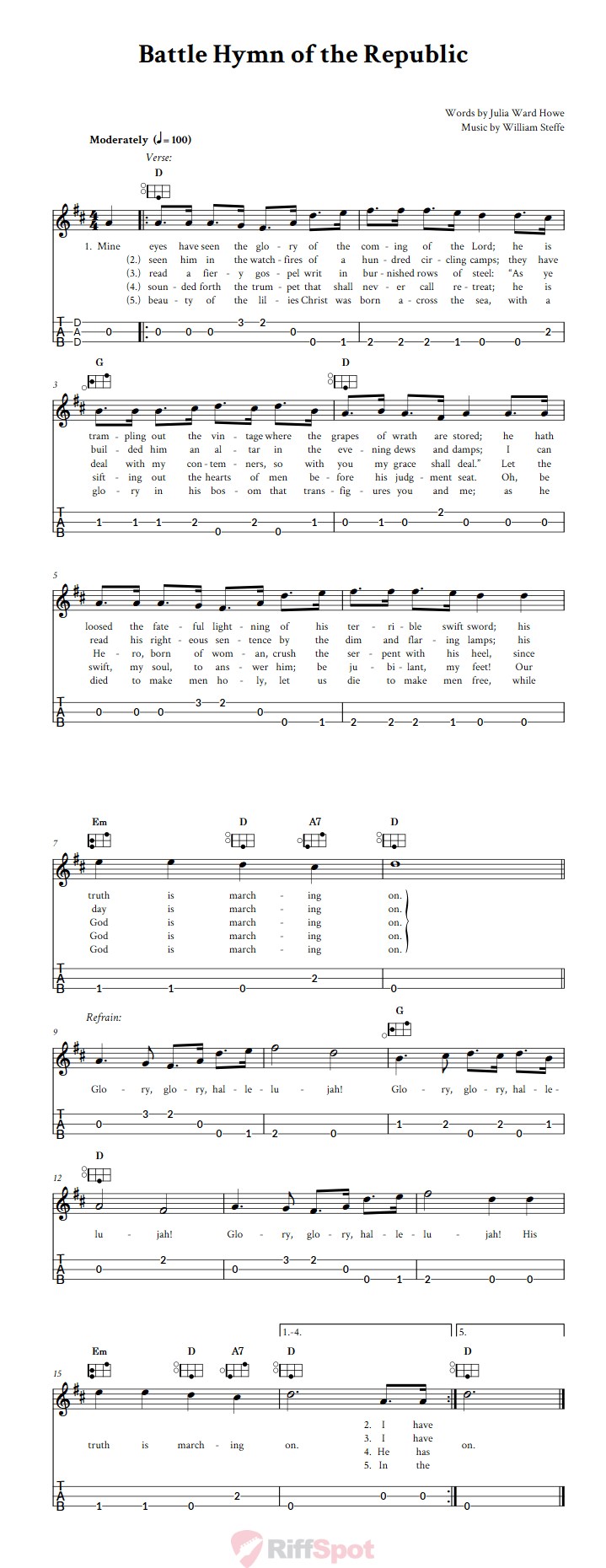 Battle Hymn of the Republic Easy Mountain Dulcimer Tab (DAD Tuning)