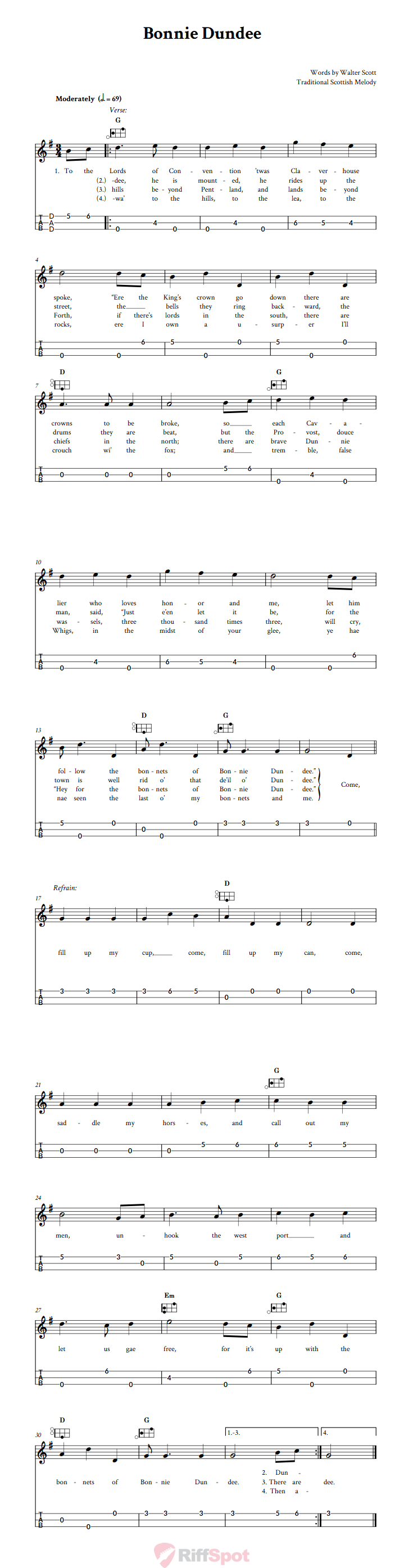 Bonnie Dundee Easy Mountain Dulcimer Tab (DAD Tuning)