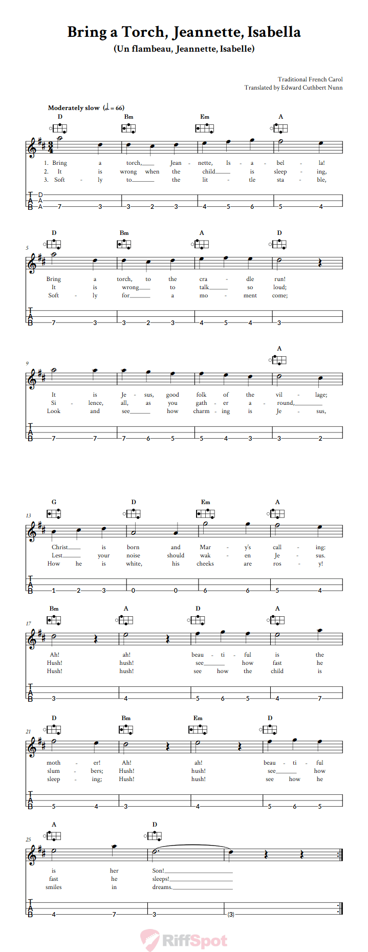 Bring a Torch, Jeannette, Isabella Easy Mountain Dulcimer Tab (DAA Tuning)