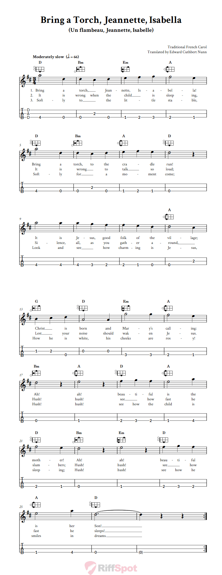 Bring a Torch, Jeannette, Isabella Easy Mountain Dulcimer Tab (DAD Tuning)