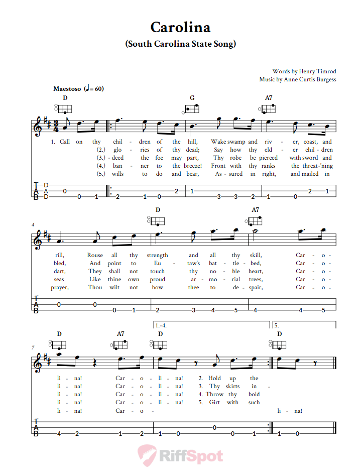 Carolina Easy Mountain Dulcimer Tab (DAD Tuning)