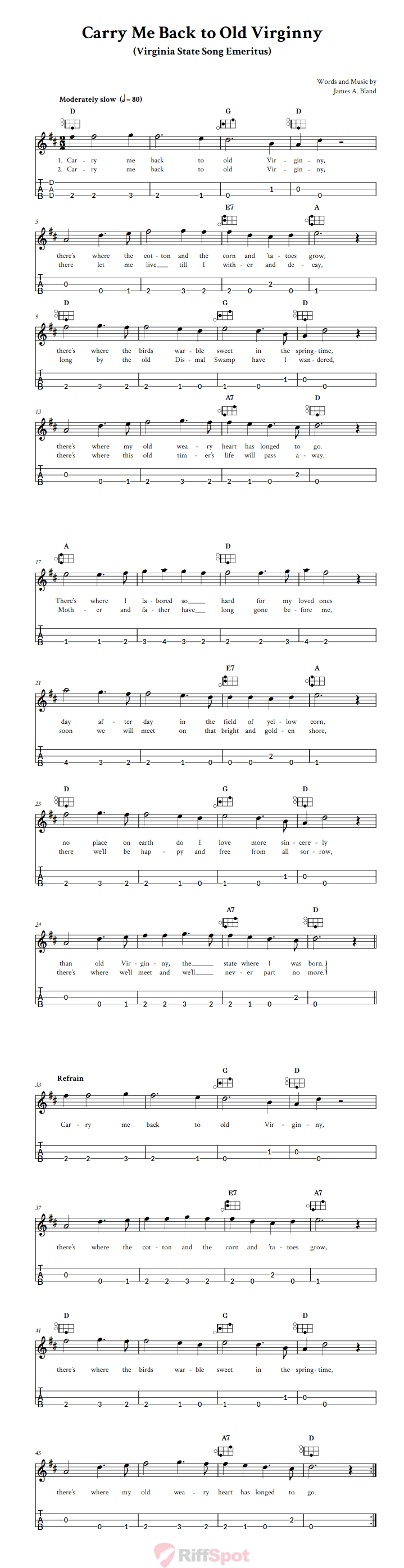 Carry Me Back to Old Virginny Easy Mountain Dulcimer Tab (DAD Tuning)