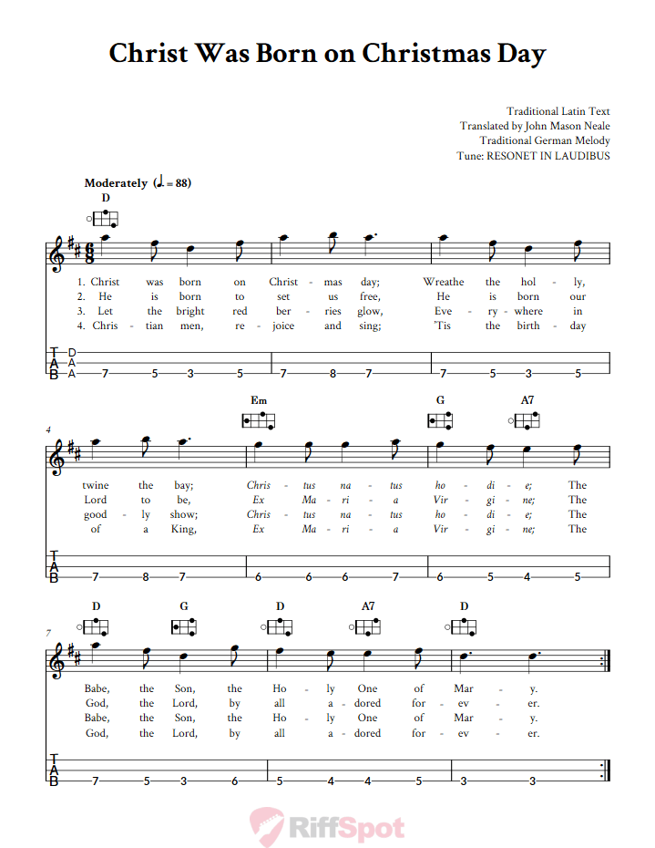 Christ Was Born on Christmas Day Easy Mountain Dulcimer Tab (DAA Tuning)