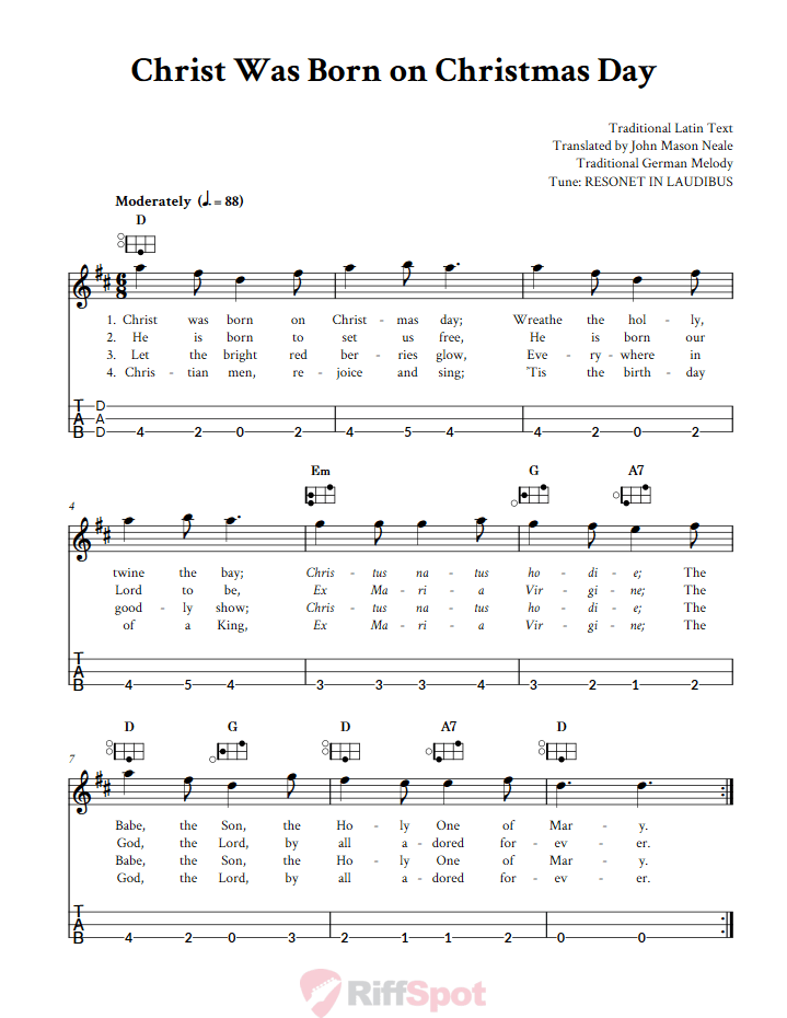Christ Was Born on Christmas Day Easy Mountain Dulcimer Tab (DAD Tuning)
