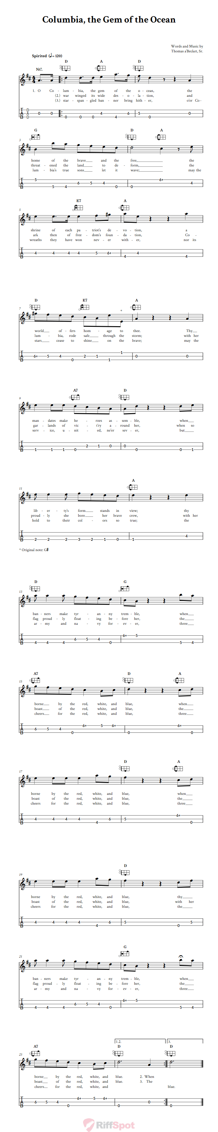 Columbia, the Gem of the Ocean Easy Mountain Dulcimer Tab (DAD Tuning)