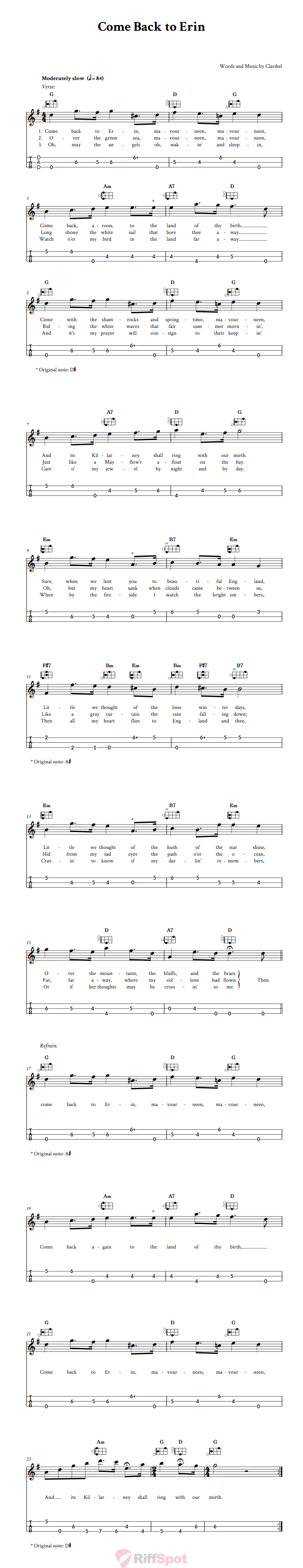 Come Back to Erin Easy Mountain Dulcimer Tab (DAD Tuning)