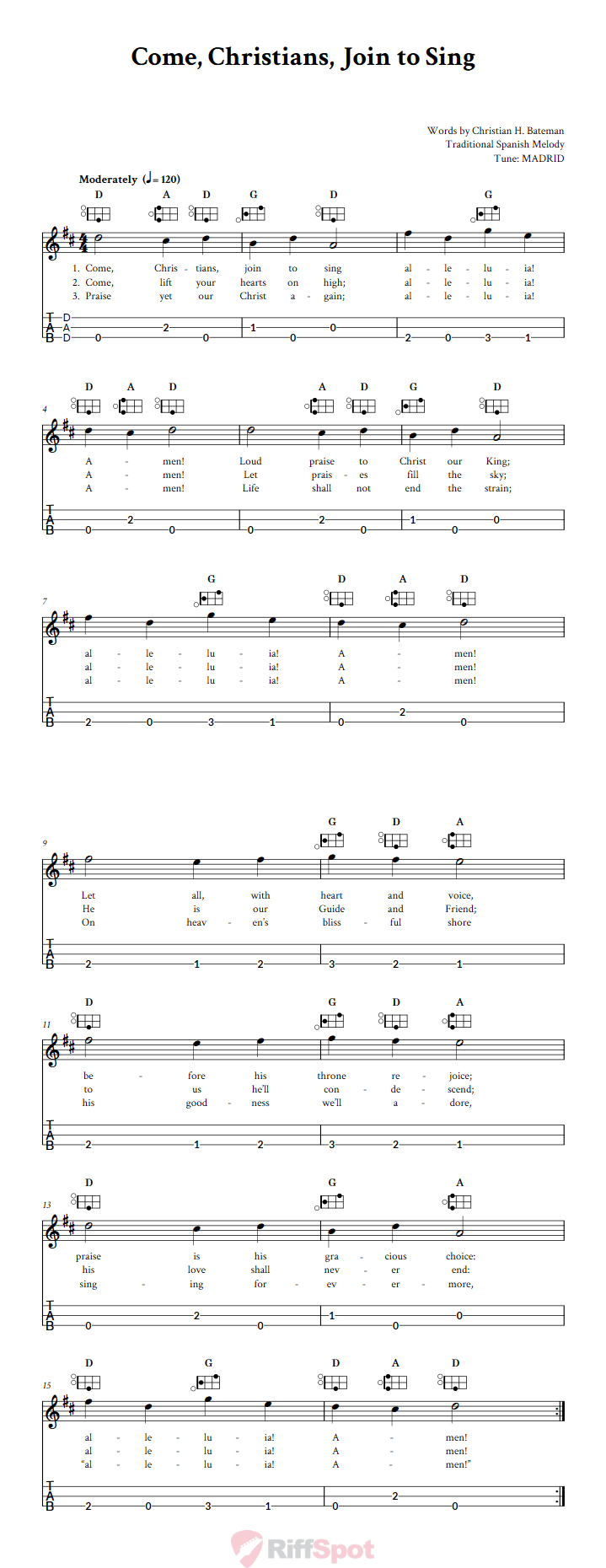 Come, Christians, Join to Sing Easy Mountain Dulcimer Tab (DAD Tuning)