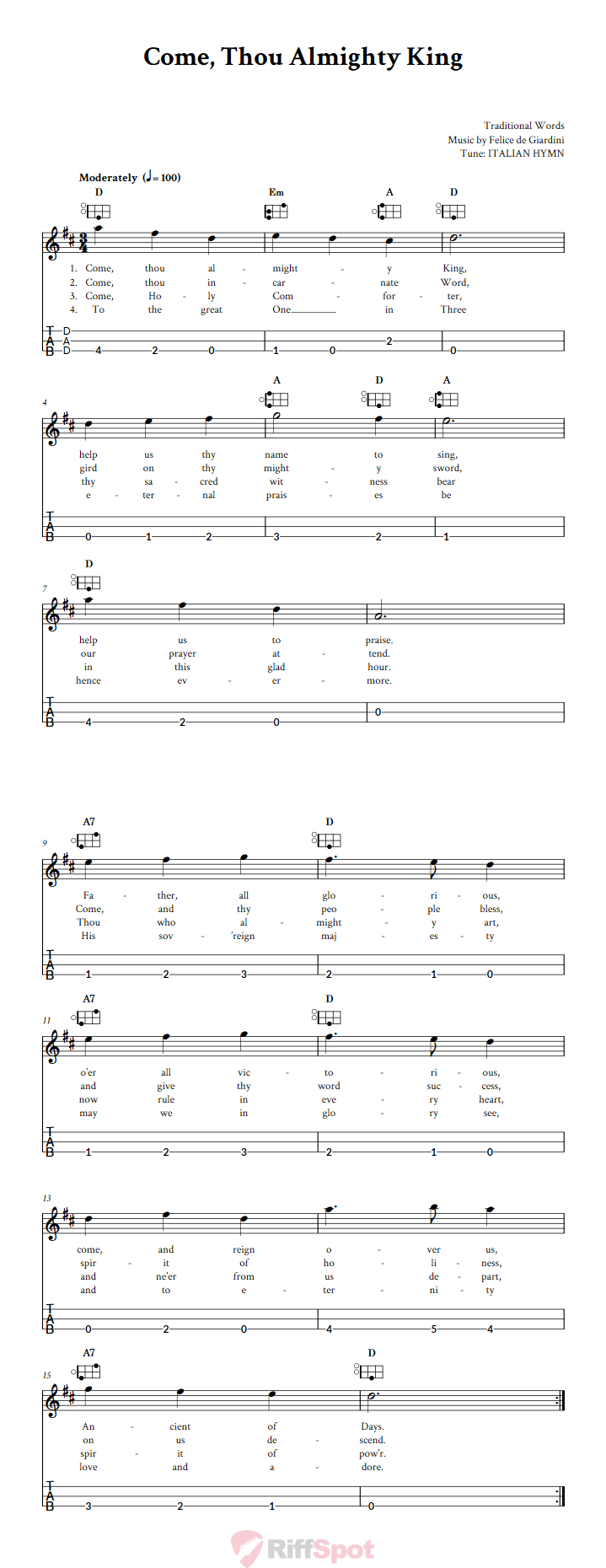 Come, Thou Almighty King Easy Mountain Dulcimer Tab (DAD Tuning)