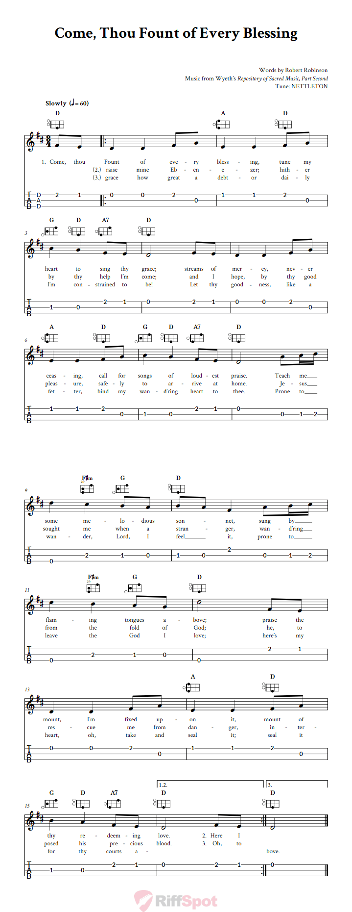 Come Thou Fount of Every Blessing Easy Mountain Dulcimer Tab (DAD Tuning)