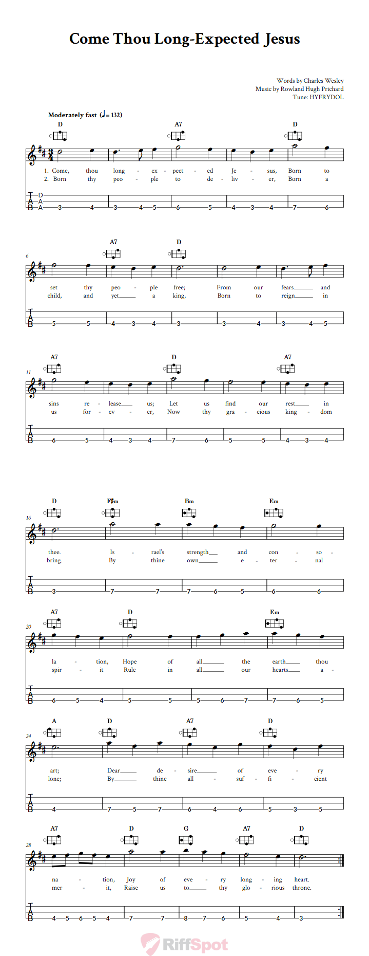 Come Thou Long-Expected Jesus Easy Mountain Dulcimer Tab (DAA Tuning)