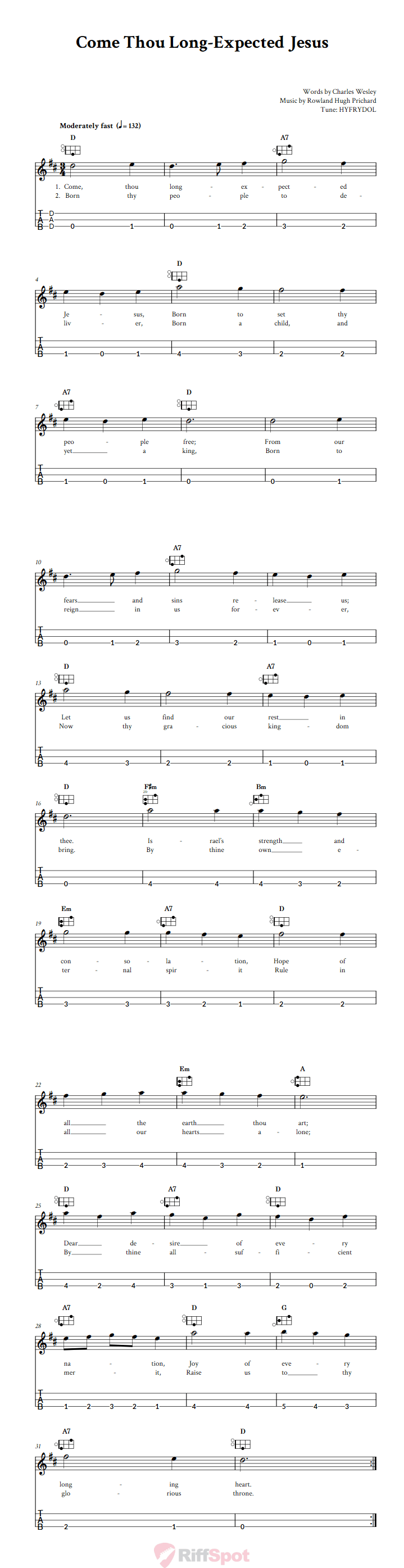 Come Thou Long-Expected Jesus Easy Mountain Dulcimer Tab (DAD Tuning)