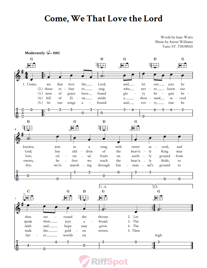 Come, We That Love the Lord Easy Mountain Dulcimer Tab (DAD Tuning)