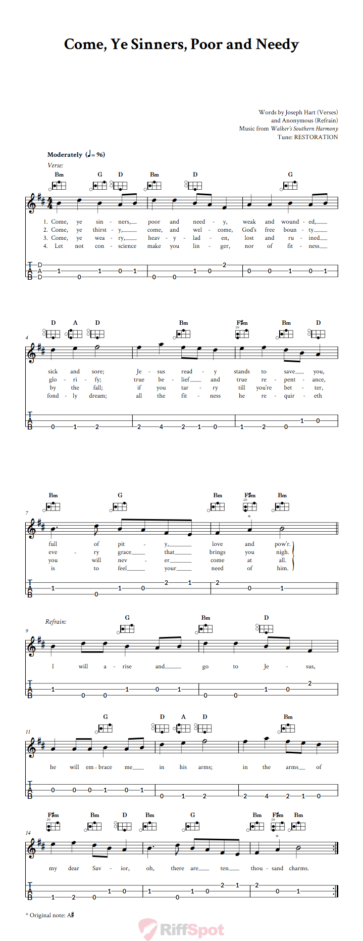 Come, Ye Sinners, Poor and Needy Easy Mountain Dulcimer Tab (DAD Tuning)