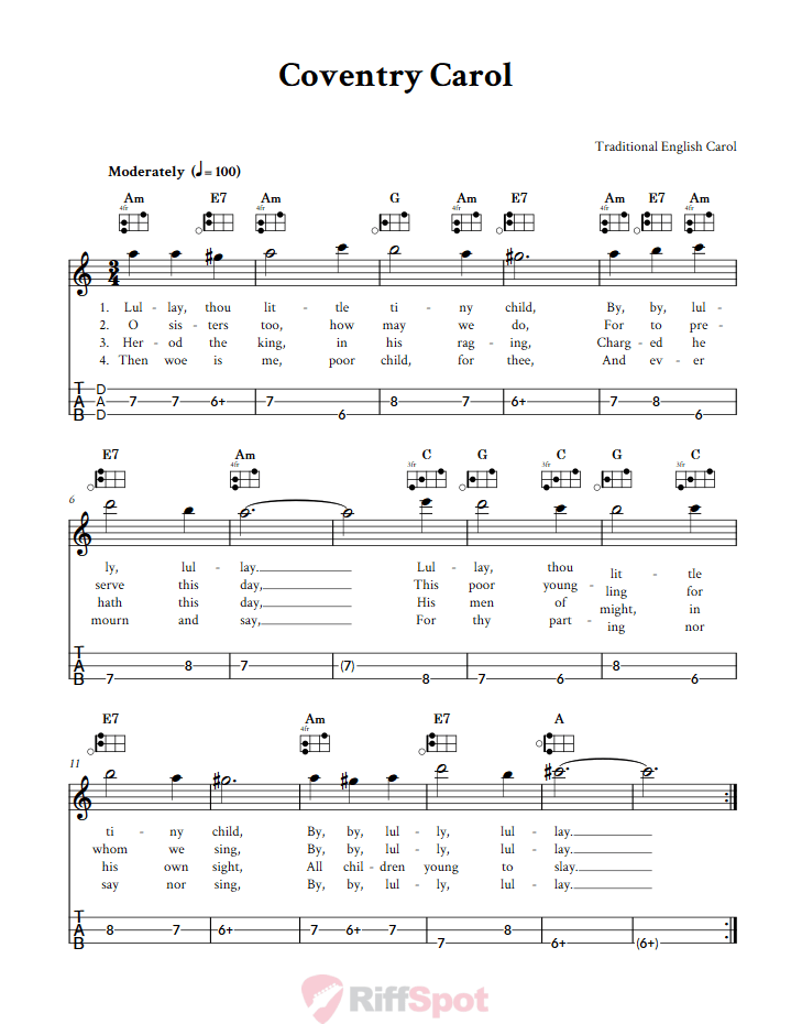 Coventry Carol Easy Mountain Dulcimer Tab (DAD Tuning)