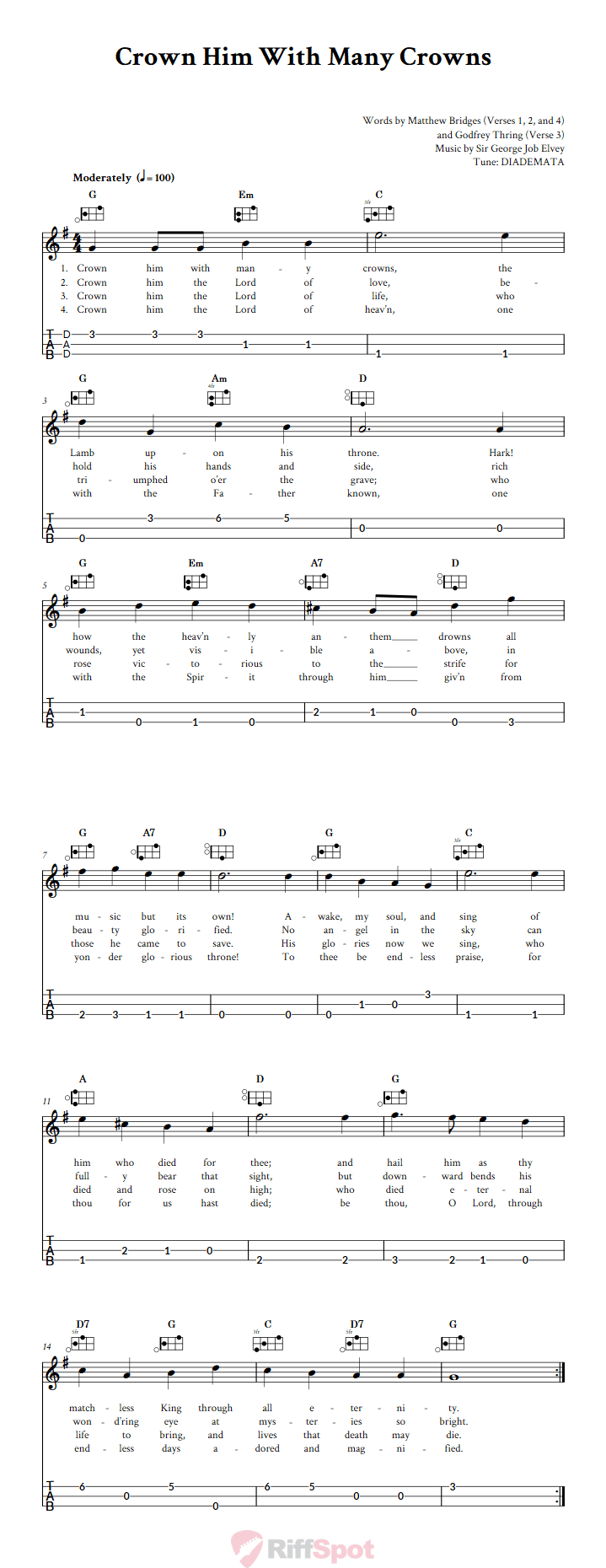 Crown Him with Many Crowns Easy Mountain Dulcimer Tab (DAD Tuning)