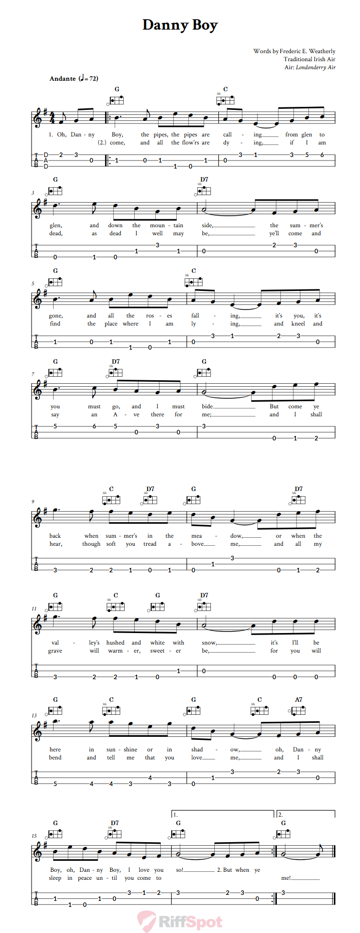 Danny Boy Easy Mountain Dulcimer Tab (DAD Tuning)