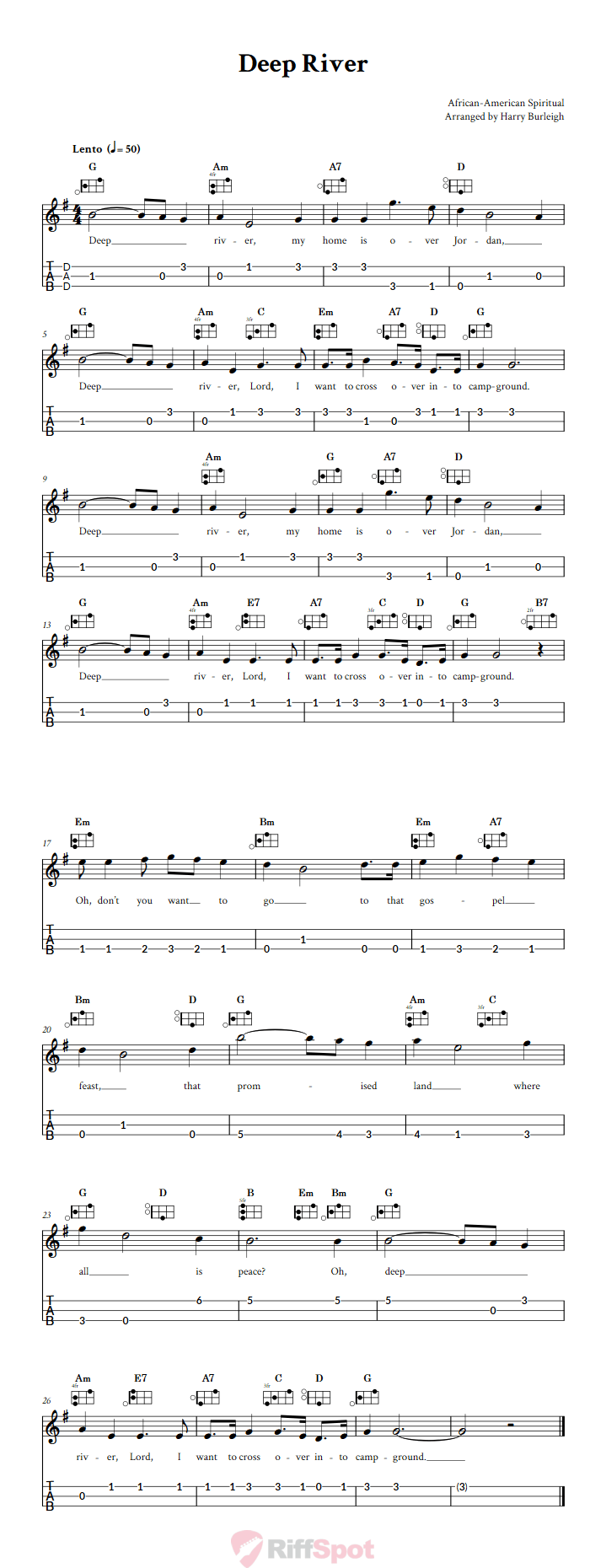 Deep River Easy Mountain Dulcimer Tab (DAD Tuning)