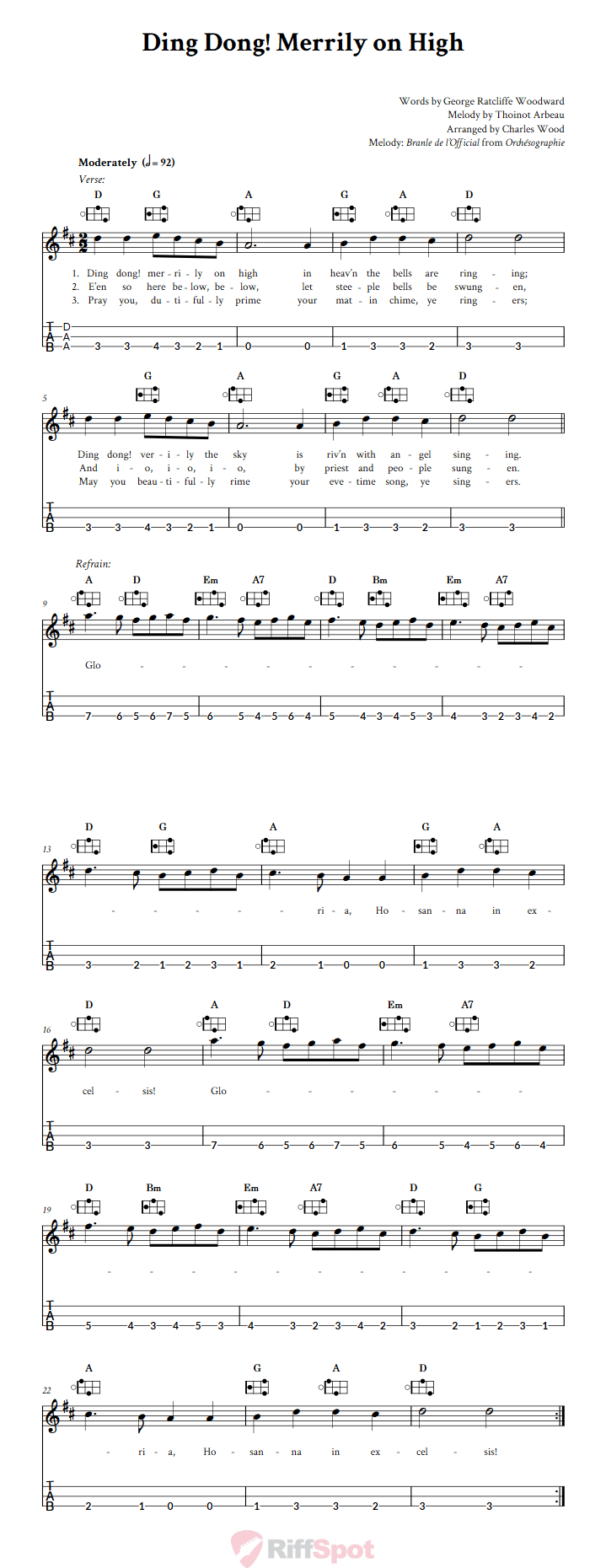 Ding Dong! Merrily on High Easy Mountain Dulcimer Tab (DAA Tuning)