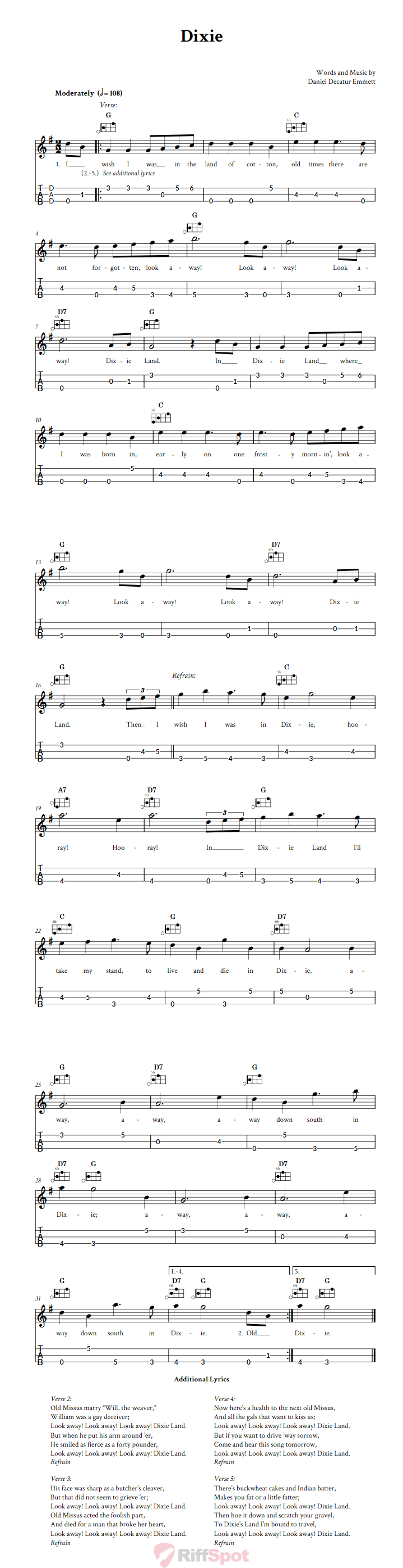 Dixie Easy Mountain Dulcimer Tab (DAD Tuning)
