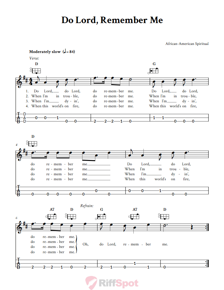 Do Lord, Remember Me Easy Mountain Dulcimer Tab (DAD Tuning)