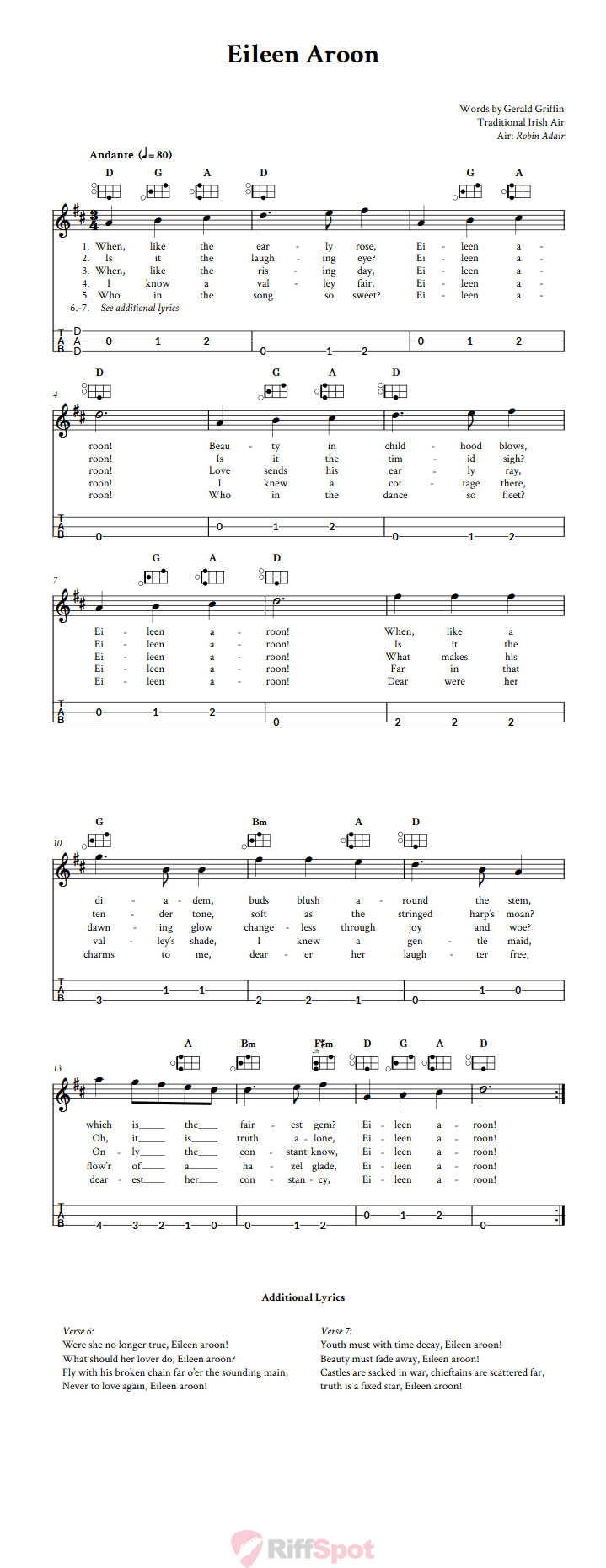 Eileen Aroon Easy Mountain Dulcimer Tab (DAD Tuning)