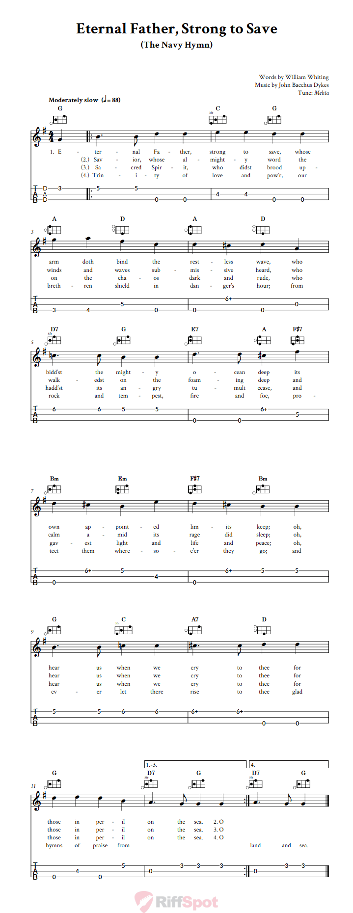 Eternal Father, Strong to Save Easy Mountain Dulcimer Tab (DAD Tuning)