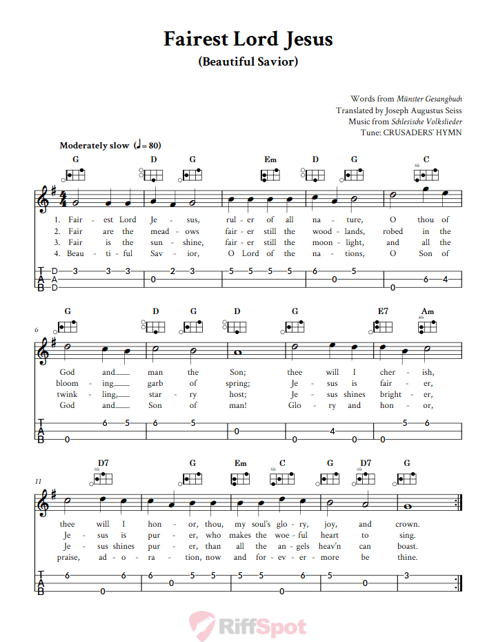 Fairest Lord Jesus Easy Mountain Dulcimer Tab (DAD Tuning)