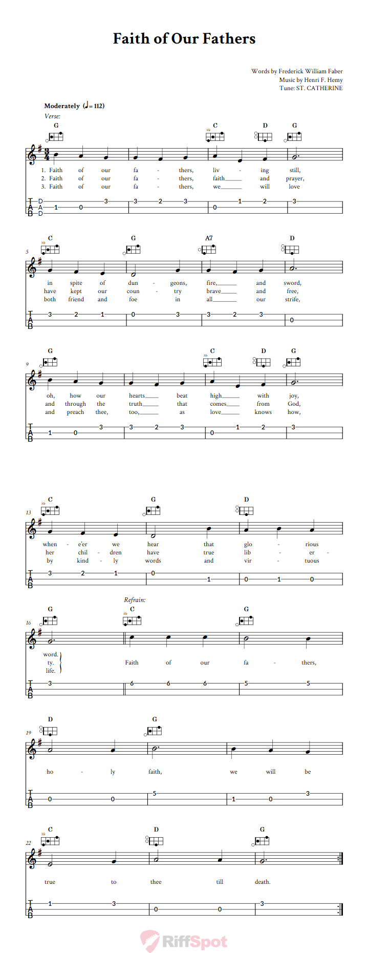 Faith of Our Fathers Easy Mountain Dulcimer Tab (DAD Tuning)