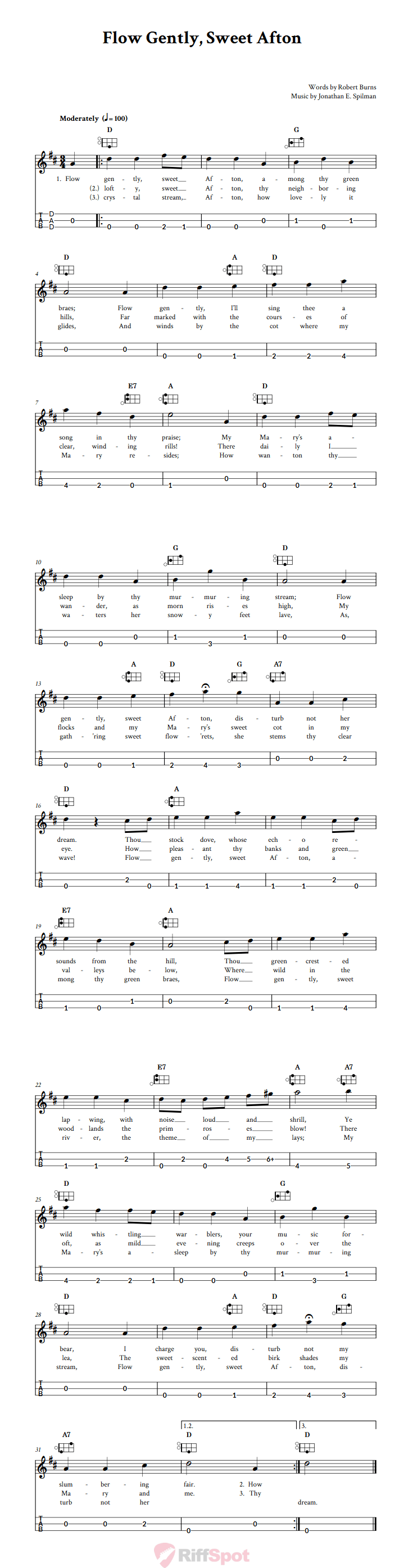 Flow Gently, Sweet Afton Easy Mountain Dulcimer Tab (DAD Tuning)