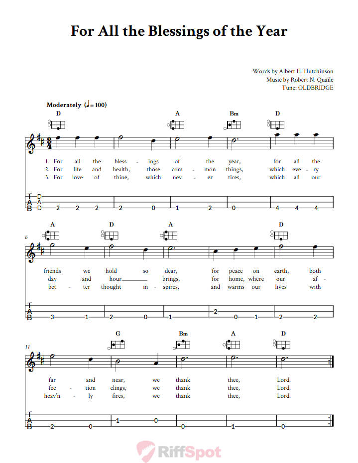 For All the Blessings of the Year Easy Mountain Dulcimer Tab (DAD Tuning)