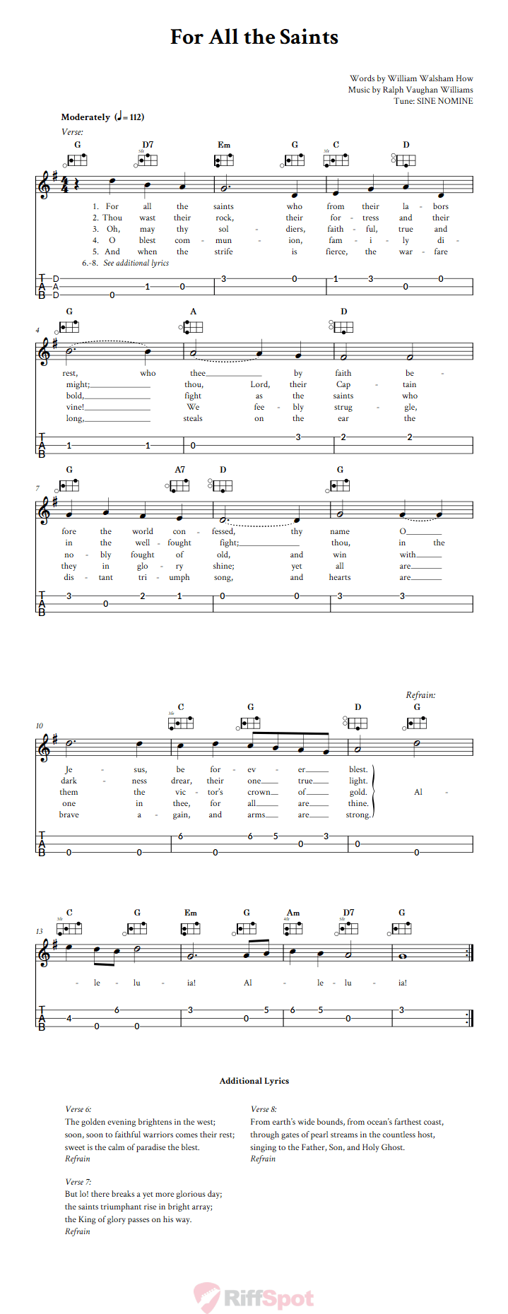 For All the Saints Easy Mountain Dulcimer Tab (DAD Tuning)