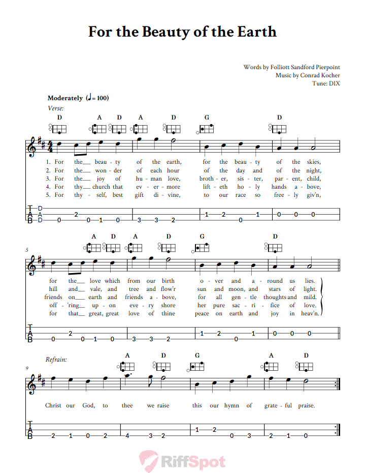For the Beauty of the Earth Easy Mountain Dulcimer Tab (DAD Tuning)