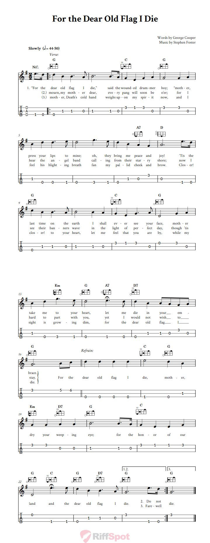 For the Dear Old Flag I Die Easy Mountain Dulcimer Tab (DAD Tuning)