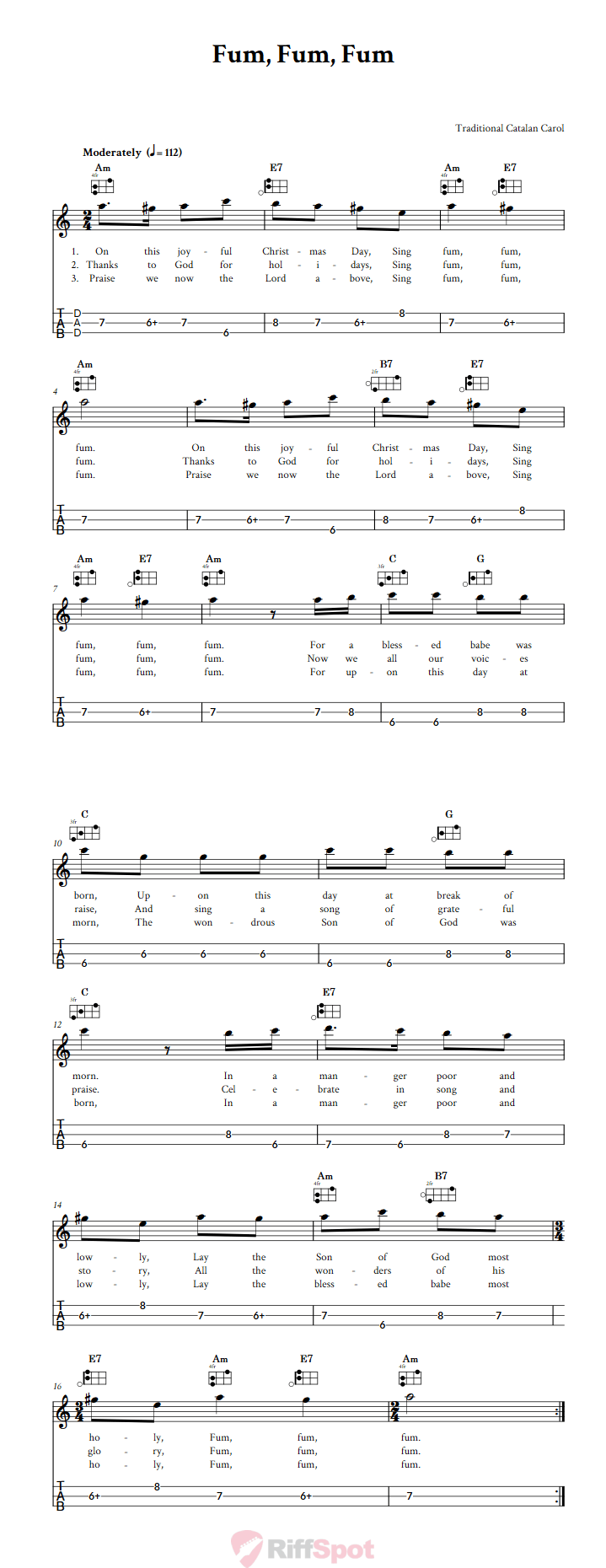 Fum, Fum, Fum Easy Mountain Dulcimer Tab (DAD Tuning)