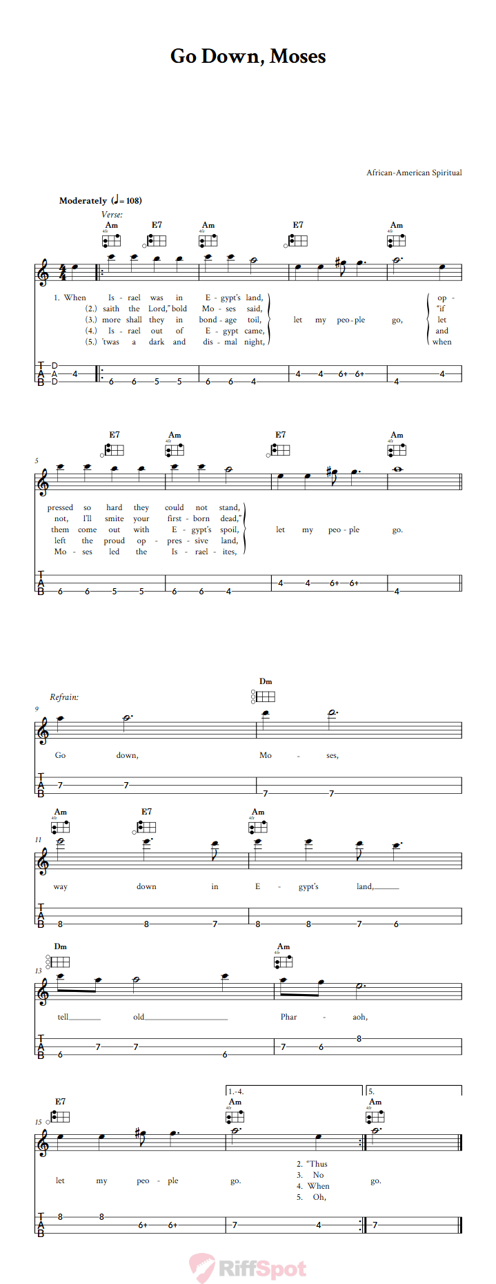 Go Down, Moses Easy Mountain Dulcimer Tab (DAD Tuning)