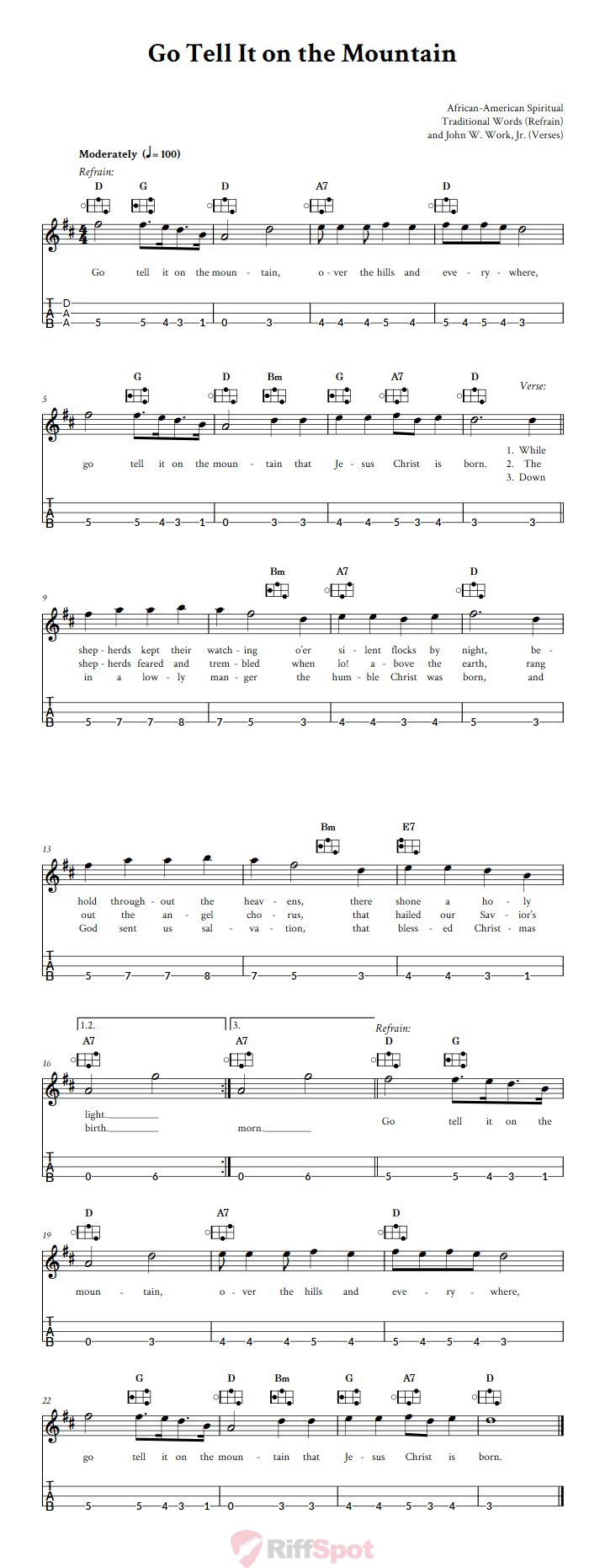 Go Tell It on the Mountain Easy Mountain Dulcimer Tab (DAA Tuning)