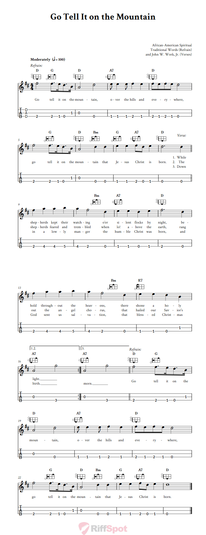 Go Tell It on the Mountain Easy Mountain Dulcimer Tab (DAD Tuning)