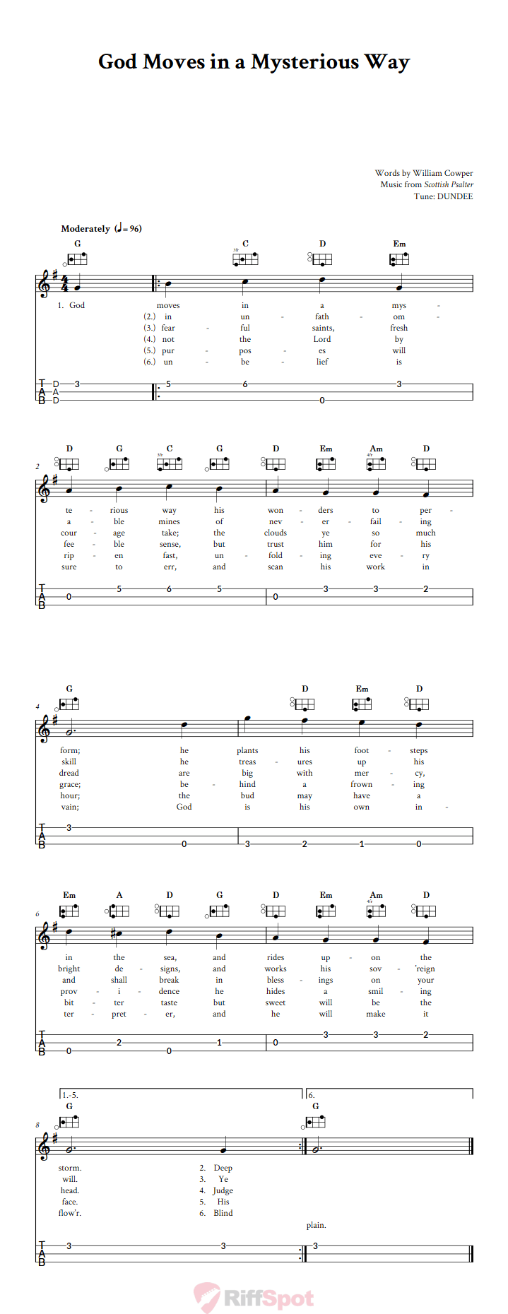 God Moves in a Mysterious Way Easy Mountain Dulcimer Tab (DAD Tuning)