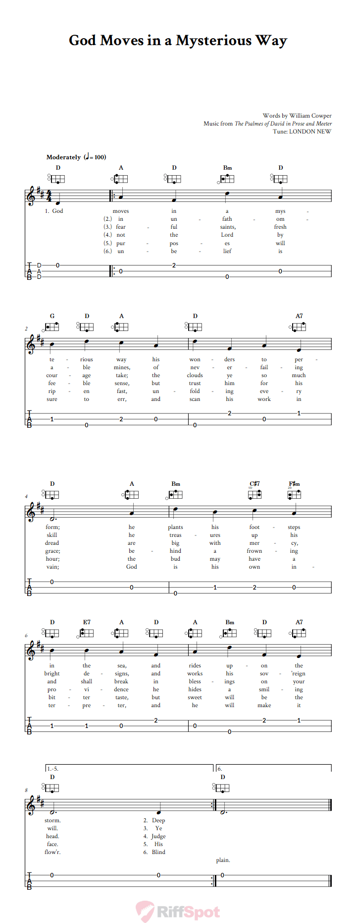 God Moves in a Mysterious Way Easy Mountain Dulcimer Tab (DAD Tuning)