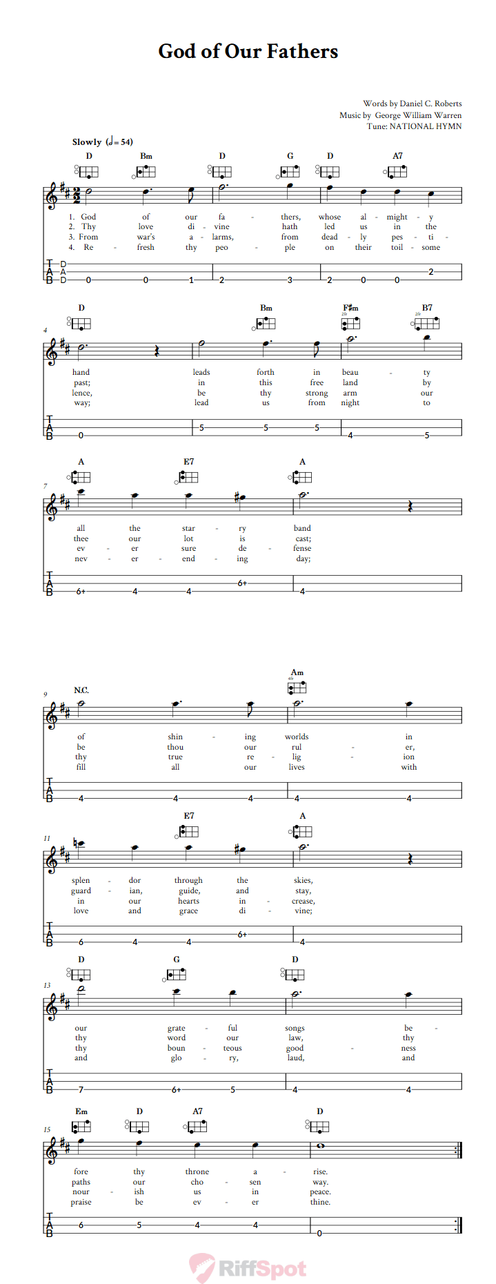 God of Our Fathers Easy Mountain Dulcimer Tab (DAD Tuning)