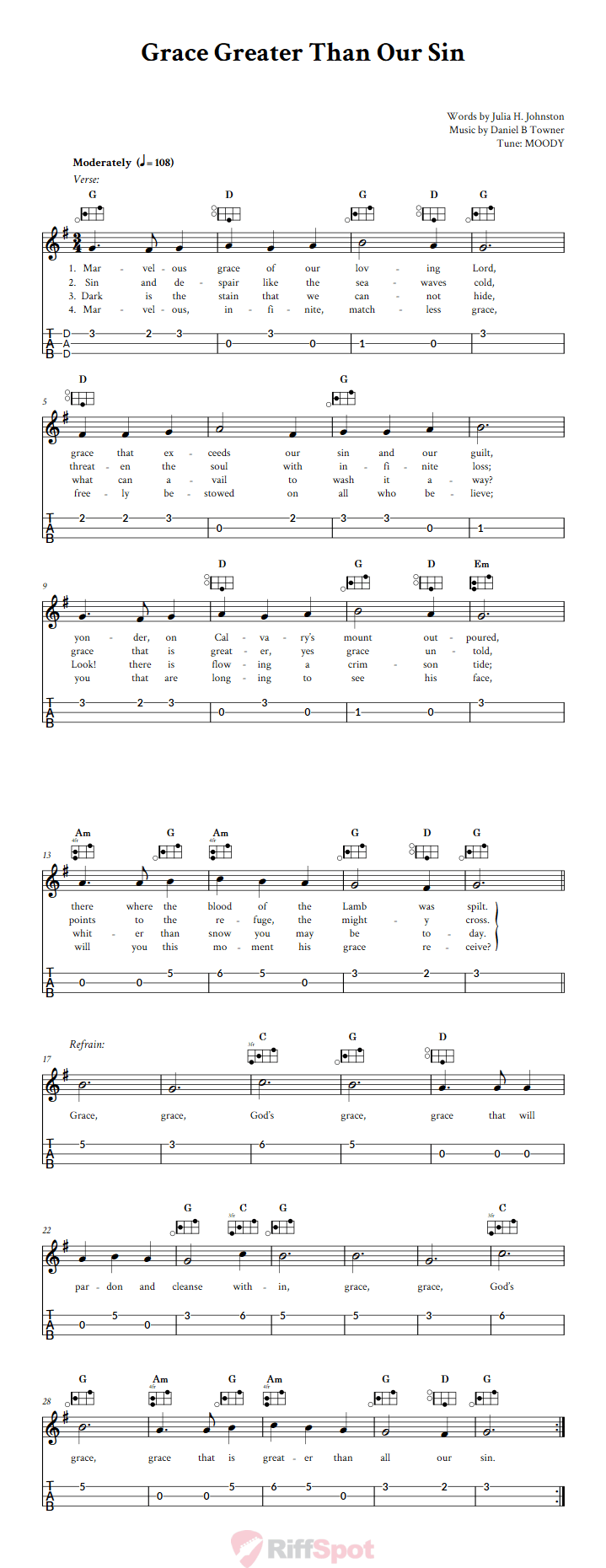 Grace Greater Than Our Sin Easy Mountain Dulcimer Tab (DAD Tuning)