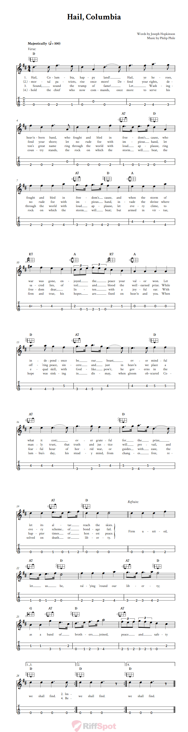 Hail, Columbia Easy Mountain Dulcimer Tab (DAD Tuning)