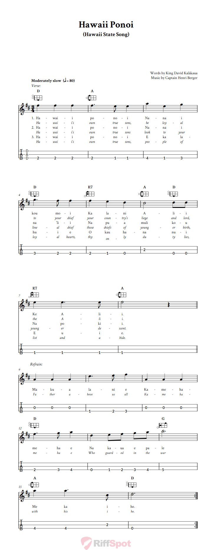 Hawaii Ponoi Easy Mountain Dulcimer Tab (DAD Tuning)