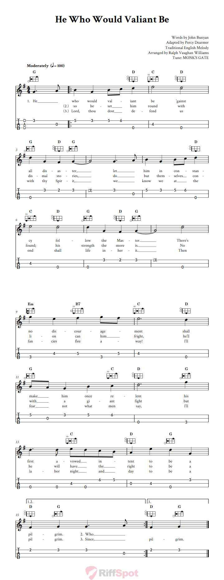 He Who Would Valiant Be Easy Mountain Dulcimer Tab (DAD Tuning)